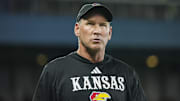Sep 13, 2024; Kansas City, Kansas, USA; Kansas Jayhawks head coach Lance Leipold takes the field for the second half against the UNLV Rebels at Children's Mercy Park. Mandatory Credit: Jay Biggerstaff-Imagn Images