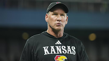 Sep 13, 2024; Kansas City, Kansas, USA; Kansas Jayhawks head coach Lance Leipold takes the field for the second half against the UNLV Rebels at Children's Mercy Park. Mandatory Credit: Jay Biggerstaff-Imagn Images
