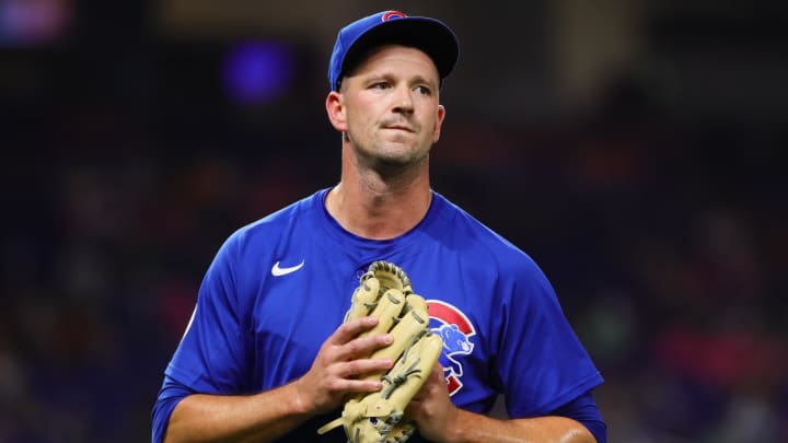 Aug 23, 2024; Miami, Florida, USA; Chicago Cubs relief pitcher Drew Smyly (11) looks on as he exits the game against the Miami Marlins during the seventh inning at loanDepot Park.