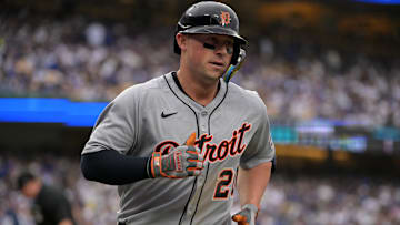 Mar 27, 2025; Los Angeles, California, USA; Detroit Tigers first base Spencer Torkelson (20) reacts after hitting a solo home run against the Los Angeles Dodgers during the seventh inning at Dodger Stadium. Mandatory Credit: Jayne Kamin-Oncea-Imagn Images