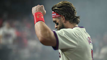 Philadelphia Phillies first base Bryce Harper (3) celebrates after the game against the New York Mets during game two of the NLDS for the 2024 MLB Playoffs at Citizens Bank Park.