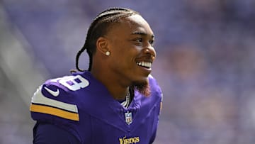 Aug 10, 2024; Minneapolis, Minnesota, USA; Minnesota Vikings wide receiver Justin Jefferson (18) looks on before the game against the Las Vegas Raiders at U.S. Bank Stadium. Mandatory Credit: Jeffrey Becker-Imagn Images