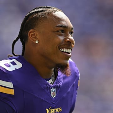 Aug 10, 2024; Minneapolis, Minnesota, USA; Minnesota Vikings wide receiver Justin Jefferson (18) looks on before the game against the Las Vegas Raiders at U.S. Bank Stadium. Mandatory Credit: Jeffrey Becker-Imagn Images