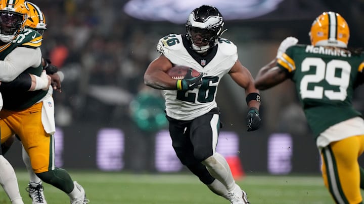 Sep 6, 2024; Sao Paulo, BRA; Philadelphia Eagles running back Saquon Barkley (26) runs during the first quarter against the Green Bay Packers at Neo Quimica Arena. Mandatory 