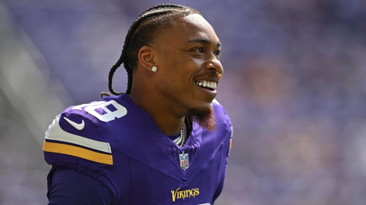 Aug 10, 2024; Minneapolis, Minnesota, USA; Minnesota Vikings wide receiver Justin Jefferson (18) looks on before the game against the Las Vegas Raiders at U.S. Bank Stadium.