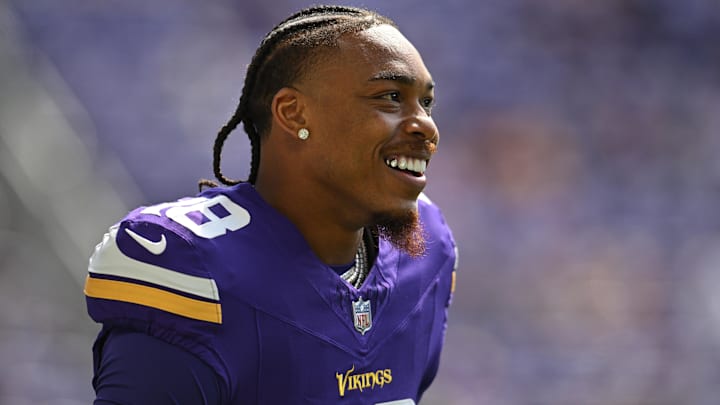 Aug 10, 2024; Minneapolis, Minnesota, USA; Minnesota Vikings wide receiver Justin Jefferson (18) looks on before the game against the Las Vegas Raiders at U.S. Bank Stadium. Mandatory Credit: Jeffrey Becker-Imagn Images