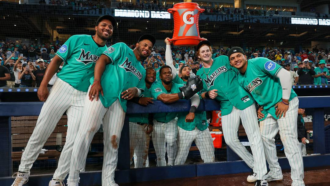 Miami Marlins right fielder Owen Caissie (17) poses for a photo with pitcher Michael Petersen (49), first baseman Deyvison de Los Santos (63), second baseman Xavier Edwards (9), shortstop Otto Lopez (6), catcher Agustin Ramirez (50), and third baseman Javier Sanoja (8). 