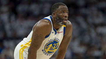 May 8, 2025; Minneapolis, Minnesota, USA; Golden State Warriors forward Draymond Green (23) looks on against the Minnesota Timberwolves in the second half during game two of the second round for the 2025 NBA Playoffs at Target Center. Mandatory Credit: Jesse Johnson-Imagn Images