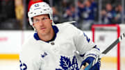 Feb 22, 2024; Las Vegas, Nevada, USA; Toronto Maple Leafs defenseman Jake McCabe (22) warms up before a game against the Vegas Golden Knights at T-Mobile Arena. Mandatory Credit: Stephen R. Sylvanie-Imagn Images