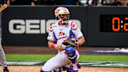 Aug 3, 2025; Bristol, Tennessee, USA; Cincinnati Reds catcher Tyler Stephenson (37) looks to the dugout in his Ricky Bobby inspired catching gear at Bristol Motor Speedway. Mandatory Credit: Bryan Lynn-Imagn Images