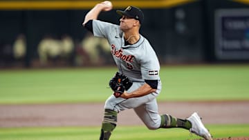 May 18, 2024; Phoenix, Arizona, USA; Detroit Tigers pitcher Jack Flaherty (9) pitches against the Arizona Diamondbacks during the first inning at Chase Field.
