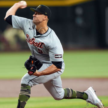 May 18, 2024; Phoenix, Arizona, USA; Detroit Tigers pitcher Jack Flaherty (9) pitches against the Arizona Diamondbacks during the first inning at Chase Field.