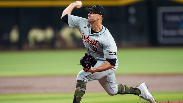 May 18, 2024; Phoenix, Arizona, USA; Detroit Tigers pitcher Jack Flaherty (9) pitches against the Arizona Diamondbacks during the first inning at Chase Field. Mandatory Credit: Joe Camporeale-USA TODAY Sports