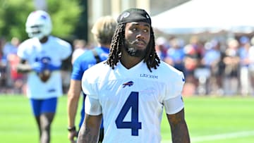 Jul 23, 2025; Rochester, NY, USA; Buffalo Bills running back James Cook (4) on the field during training camp at St. John Fisher University. Mandatory Credit: Mark Konezny-Imagn Images