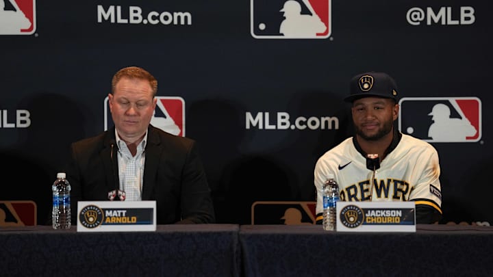 Dec 4, 2023; Nashville, TN, USA; Milwaukee Brewers general manager Matt Arnold and player Jackson Chourio answer questions during a press conference during the MLB 2023 Winter Meetings. Mandatory Credit: Kyle Schwab-Imagn Images