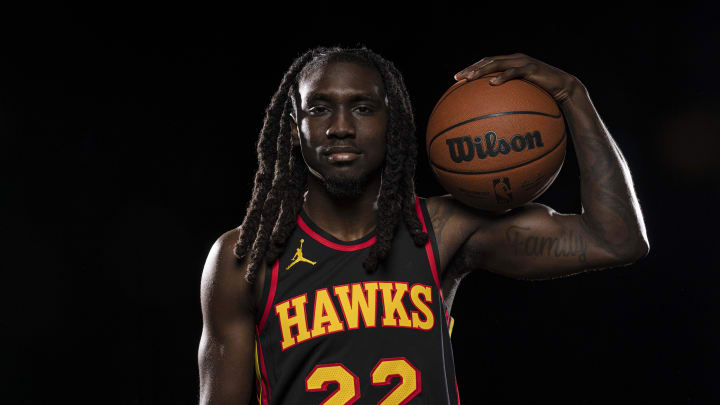 Oct 2, 2023; Atlanta, GA, USA; Atlanta Hawks guard Keaton Wallace (22) photographed during Hawks Media Day. Mandatory Credit: Dale Zanine-USA TODAY Sports