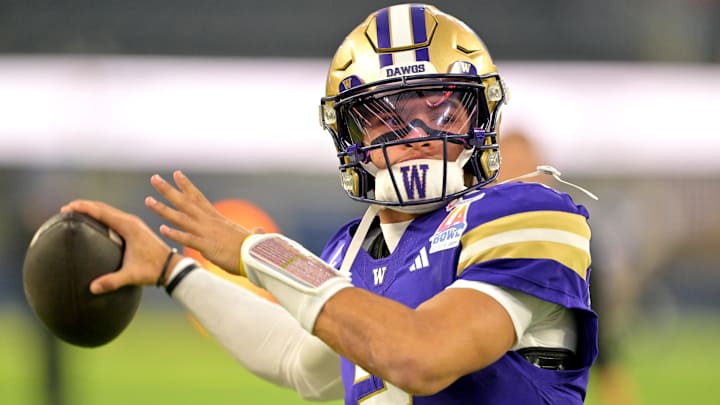 Dec 13, 2025; Inglewood, CA, USA;  Washington Huskies quarterback Demond Williams Jr. (2) warms up prior to the LA Bowl Game against the Boise State Broncos at SoFi Stadium. Mandatory Credit: Jayne Kamin-Oncea-Imagn Images