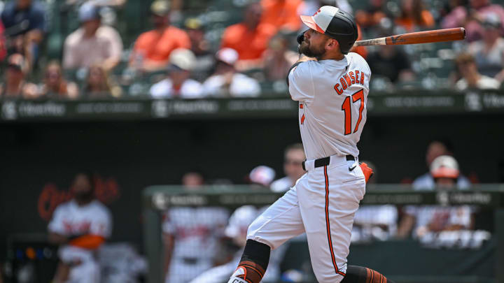 Jul 31, 2024; Baltimore, Maryland, USA; Baltimore Orioles outfielder Colton Cowser (17) at bat during the seventh inning against the Toronto Blue Jays at Oriole Park at Camden Yards.