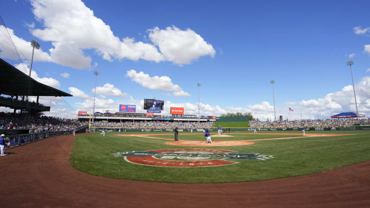 Mar 17, 2024; Mesa, Arizona, USA; The Chicago Cubs play against the Texas Rangers in the second inning at Sloan Park. Mandatory Credit: Rick Scuteri-USA TODAY Sports