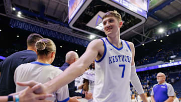 Nov 4, 2024; Lexington, Kentucky, USA; Kentucky Wildcats forward Andrew Carr (7) greets fans after the game against the Wright State Raiders at Rupp Arena at Central Bank Center. Mandatory Credit: Jordan Prather-Imagn Images