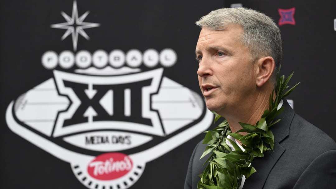 Jul 10, 2024; Las Vegas, NV, USA; Arizona Wildcats head coach Brent Brennan speaks to the media during the Big 12 Media Days at Allegiant Stadium.