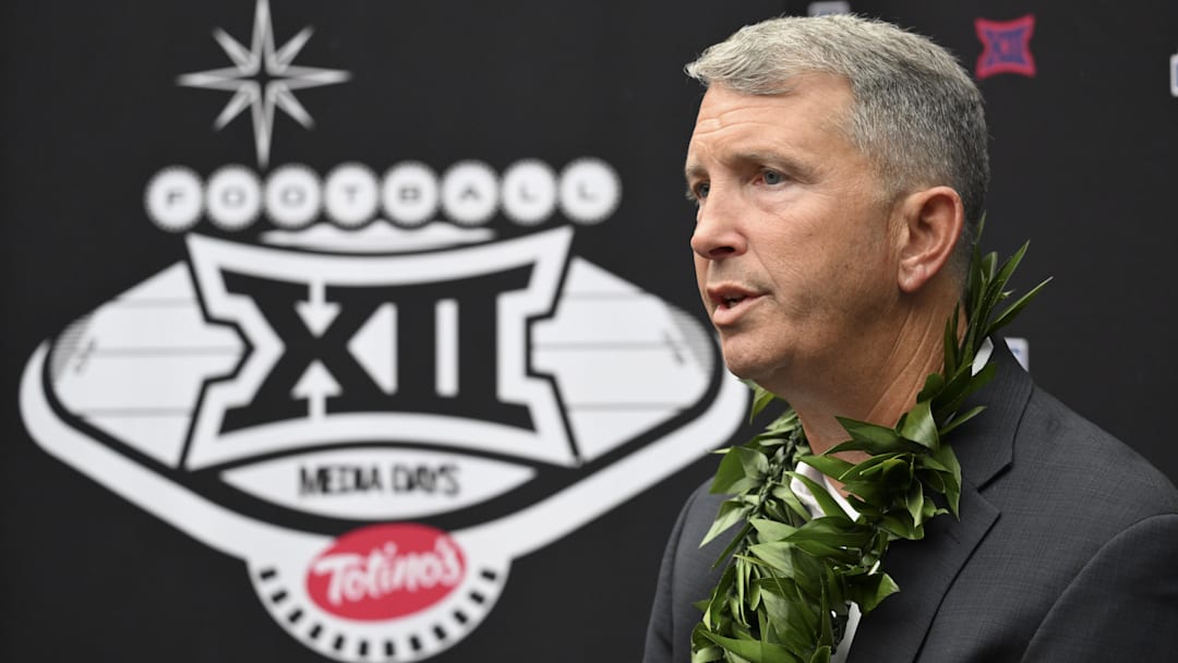 Jul 10, 2024; Las Vegas, NV, USA; Arizona Wildcats head coach Brent Brennan speaks to the media during the Big 12 Media Days at Allegiant Stadium