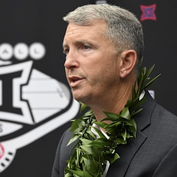 Jul 10, 2024; Las Vegas, NV, USA; Arizona Wildcats head coach Brent Brennan speaks to the media during the Big 12 Media Days at Allegiant Stadium