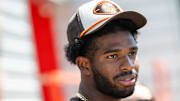 May 10, 2025; Berea, OH, USA; Cleveland Browns quarterback Shedeur Sanders (12) talks to the media during rookie minicamp at CrossCountry Mortgage Campus. Mandatory Credit: Ken Blaze-Imagn Images