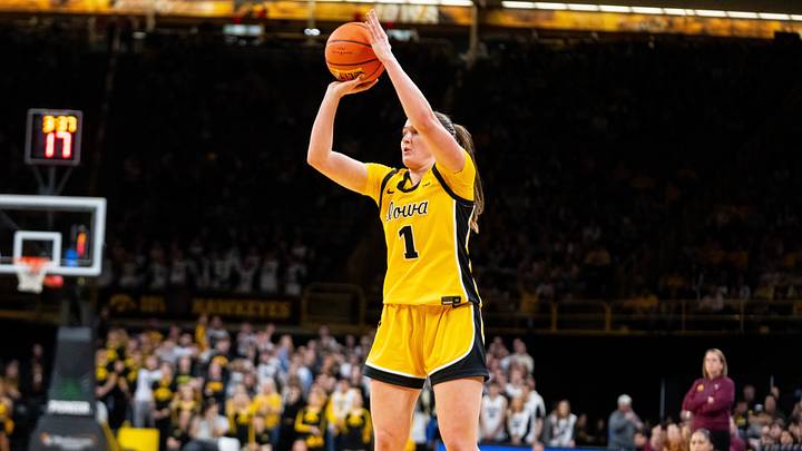 Iowa guard Taylor Stremlow (1) shoots a three-pointer during a game against Minnesota on Feb. 5, 2026, at Carver-Hawkeye Arena.