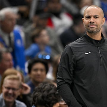 Mar 31, 2025; Dallas, Texas, USA; Brooklyn Nets head coach Jordi Fernandez during the game between the Dallas Mavericks and the Brooklyn Nets at the American Airlines Center. Mandatory Credit: Jerome Miron-Imagn Images