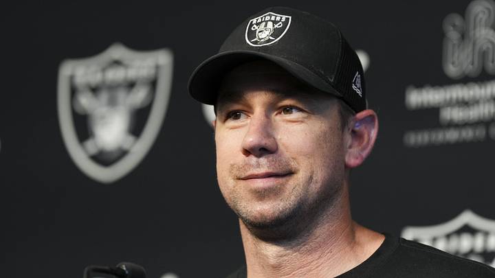 Las Vegas Raiders head coach Klint Kubiak speaks during a news conference during organized team activities.