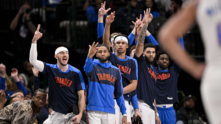 Jan 17, 2025; Dallas, Texas, USA; The Oklahoma City Thunder team bench celebrates during the second half against the Dallas Mavericks at the American Airlines Center. Mandatory Credit: Jerome Miron-Imagn Images
