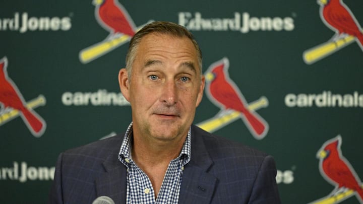 Aug 1, 2023; St. Louis, Missouri, USA;  St. Louis Cardinals president of baseball operations John Mozeliak talks with the media after the Cardinals traded shortstop Paul DeJong (11) and starting pitcher Jack Flaherty (22) before a game against the Minnesota Twins at Busch Stadium. Mandatory Credit: Jeff Curry-Imagn Images