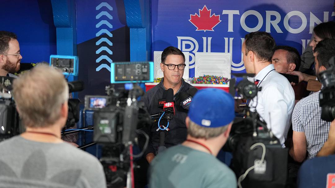 Jun 9, 2023; Toronto, Ontario, CAN; Toronto Blue Jays general manager Ross Atkins talks to the media during batting practice before a game against the Minnesota Twins at Rogers Centre. Mandatory Credit: Nick Turchiaro-USA TODAY Sports