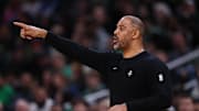 Nov 1, 2025; Boston, Massachusetts, USA; Houston Rockets head coach Ime Udoka reacts during the first half against the Boston Celtics at TD Garden. Mandatory Credit: Paul Rutherford-Imagn Images