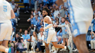 Nov 4, 2024; Chapel Hill, North Carolina, USA;  North Carolina Tar Heels guard RJ Davis (4) reacts in the second half at Dean E. Smith Center. Mandatory Credit: Bob Donnan-Imagn Images