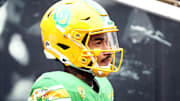 Oct 21, 2023; Eugene, Oregon, USA; Oregon Ducks defensive end Jordan Burch (1) walks towards the field before a game against the Washington State Cougars at Autzen Stadium. Mandatory Credit: Soobum Im-Imagn Images