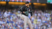 Aug 30, 2025; Los Angeles, California, USA; Arizona Diamondbacks starting pitcher Eduardo Rodriguez (57) pitches the ball during the second inning against the Los Angeles Dodgers at Dodger Stadium. Mandatory Credit: Jayne Kamin-Oncea-Imagn Images