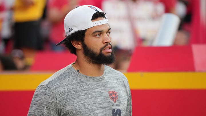 Aug 22, 2024; Kansas City, Missouri, USA; Chicago Bears quarterback Caleb Williams (18) runs onto the field against the Kansas City Chiefs prior to a game at GEHA Field at Arrowhead Stadium. Mandatory Credit: Denny Medley-USA TODAY Sports