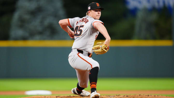 Jul 19, 2024; Denver, Colorado, USA; San Francisco Giants pitcher Kyle Harrison (45) delivers the ball in first inning against the Colorado Rockies at Coors Field