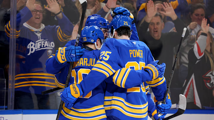 Oct 10, 2024; Buffalo, New York, USA;  Buffalo Sabres right wing Alex Tuch (89) celebrates his goal with teammates during the second period against the Los Angeles Kings at KeyBank Center. Mandatory Credit: Timothy T. Ludwig-Imagn Images