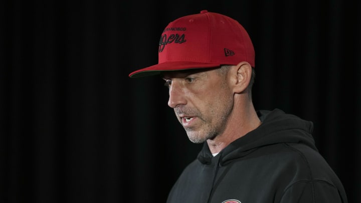 Feb 7, 2024; Las Vegas, NV, USA; San Francisco 49ers head coach Kyle Shanahan speaks during a press conference before Super Bowl LVIII at Hilton Lake Las Vegas Resort and Spa. Mandatory Credit: Kyle Terada-USA TODAY Sports