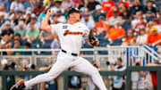 Jun 15, 2025; Omaha, Neb, USA; Oregon State Beavers pitcher Zach Edwards (50) pitches against the Coastal Carolina Chanticleers during the eighth inning at Charles Schwab Field. Mandatory Credit: Dylan Widger-Imagn Images