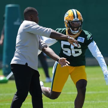 Green Bay Packers linebacker Edgerrin Cooper (56) is shown during organized team activities on May 29 in Green Bay, Wis.