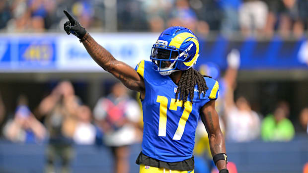 Los Angeles Rams wide receiver Davante Adams celebrates after a touchdown against the Indianapolis Colts.