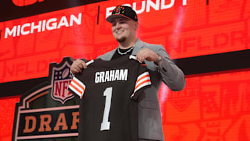 Apr 24, 2025; Green Bay, WI, USA; Michigan Wolverines defensive lineman Mason Graham is selected by the Cleveland Browns as the number five pick in the first round of the 2025 NFL Draft at Lambeau Field. Mandatory Credit: Kirby Lee-Imagn Images