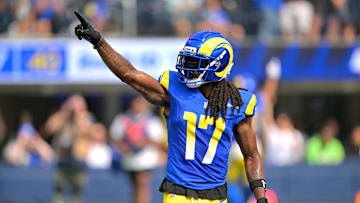 Sep 28, 2025; Inglewood, California, USA; Los Angeles Rams wide receiver Davante Adams (17) celebrates after a touchdown in the first half against the Indianapolis Colts at SoFi Stadium. Mandatory Credit: Jayne Kamin-Oncea-Imagn Images