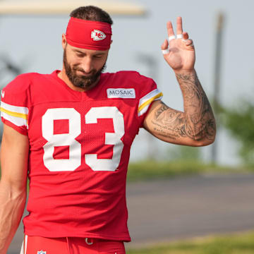 Jul 26, 2024; Kansas City, MO, USA; Kansas City Chiefs tight end Noah Gray (83) walks from the locker room to the fields prior to training camp at Missouri Western State University. Mandatory Credit: Denny Medley-Imagn Images