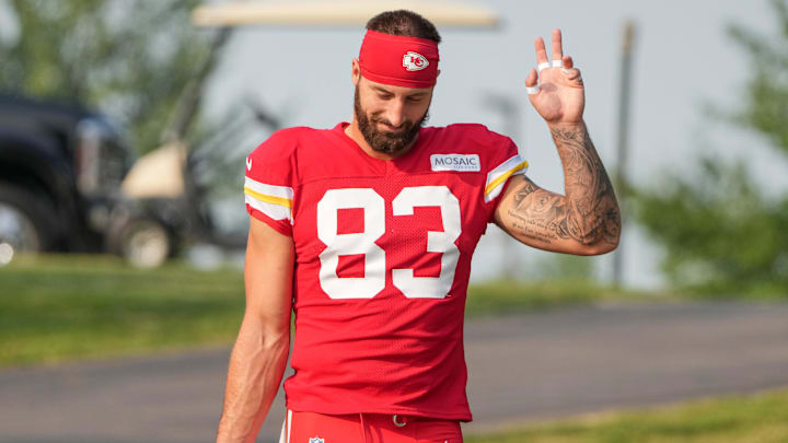 Jul 26, 2024; Kansas City, MO, USA; Kansas City Chiefs tight end Noah Gray (83) walks from the locker room to the fields prior to training camp at Missouri Western State University. Mandatory Credit: Denny Medley-Imagn Images