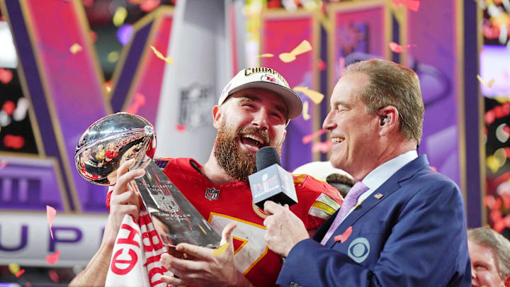 Jim Nantz with Travis Kelce after the Chiefs' 22–19 overtime win over the 49ers in Super Bowl LVIII on Feb. 11, 2024.